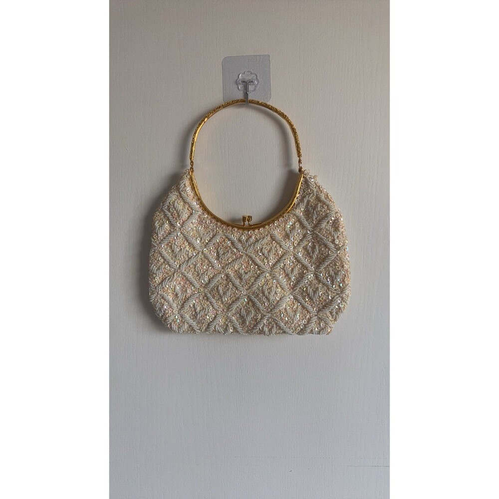 Vintage Hand Bead Handbag Hong Kong Sequin Taupe Cream White Gold Clean